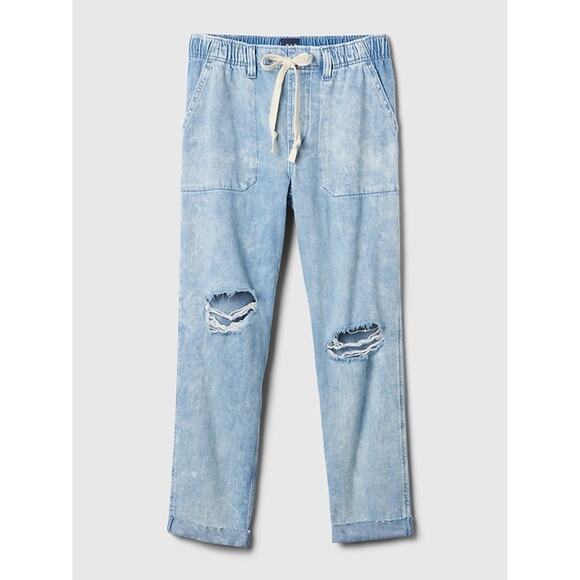 Gap Easy Jean Light Indigo Destructed Cinch Waist Cream Tie M - Picture 1 of 16